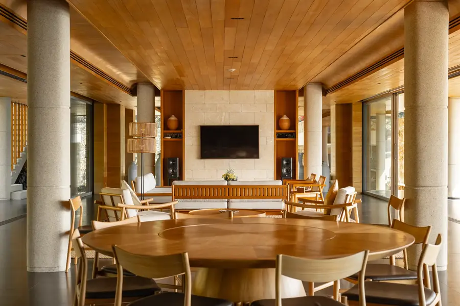 Round dining table and living room