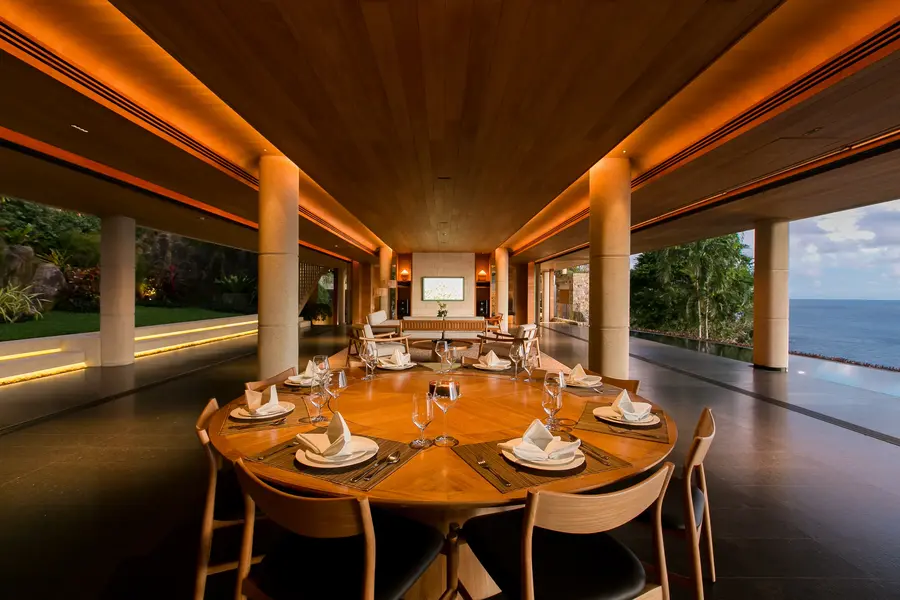 Round table set for dinner
