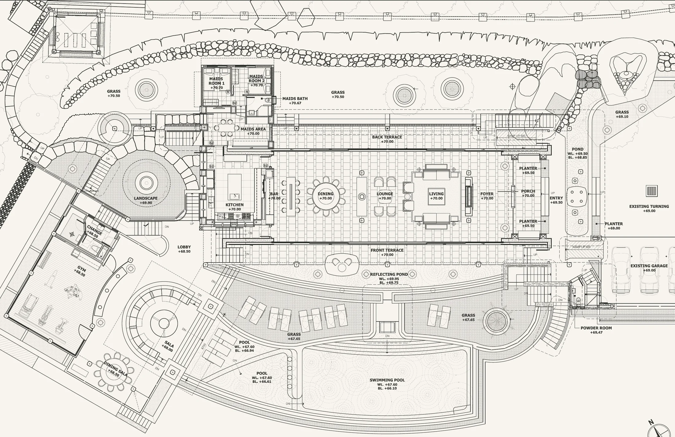 Villa Cascade arrival floor plan with living, dining, kitchen, courtyard, pool terrace, sala and indoor gym