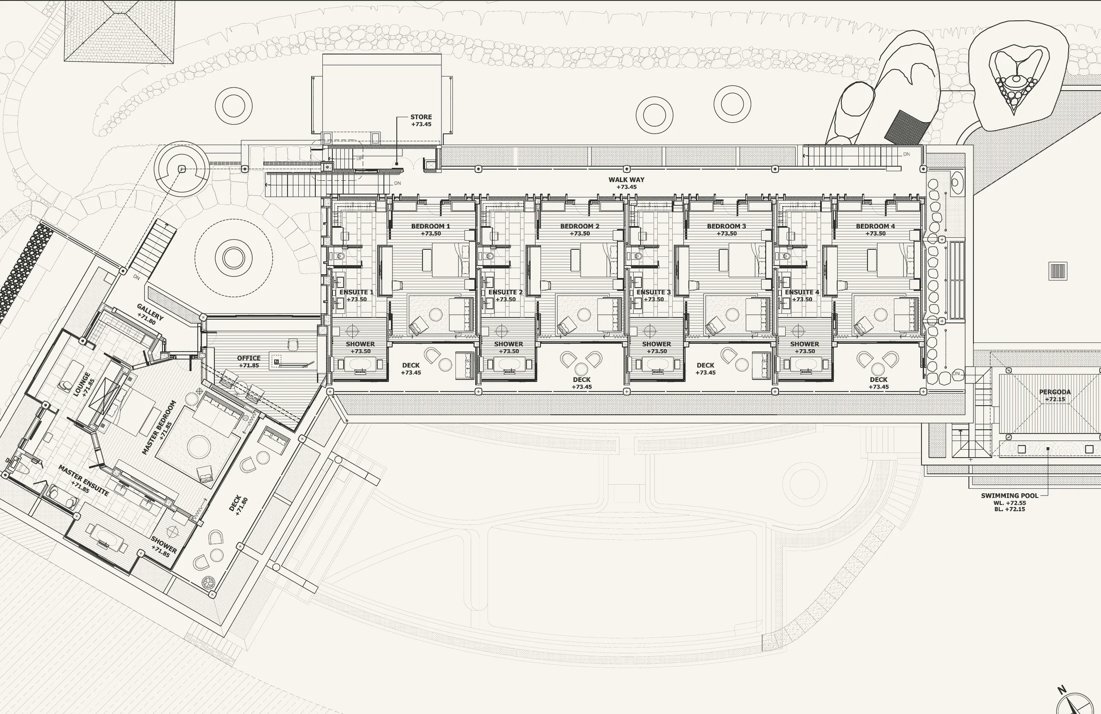 Villa Cascade upper floor plan: master suite and 4 guest suites with decks facing the sea