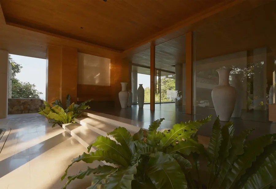 Foyer with timber ceiling and tropical planting