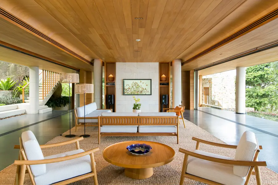 Living room seating with garden views