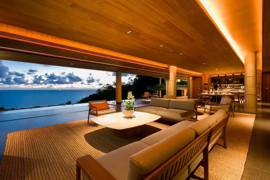 Lounge open to the sea at sunset