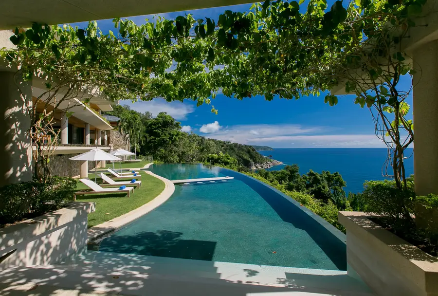Infinity pool seen from under the vine pergola