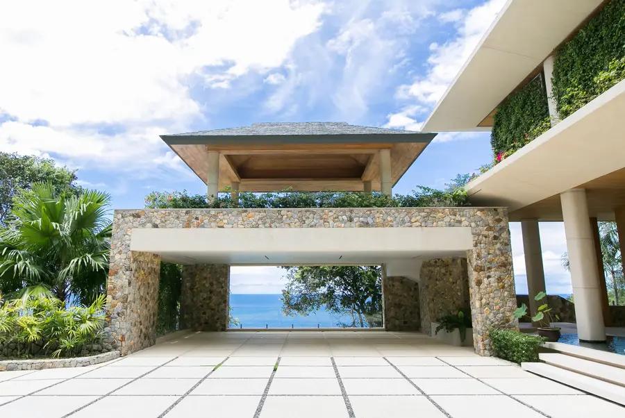 Porte-cochere framing the Andaman Sea on arrival